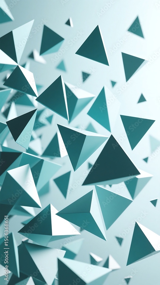 Poster abstract teal geometric shapes floating pyramids and triangles background