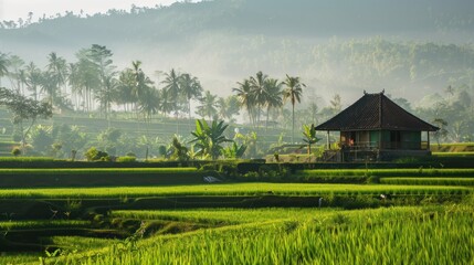Fototapeta premium Misty Sunrise over Rice Terraces