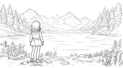 Obraz premium Girl gazing at mountain lake