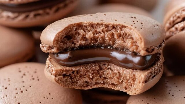 A close up of chocolate macarons