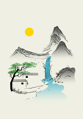 Chinese simple landscape drawing line art, ink vector illustration.