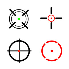 Crosshair target icons. Green red dots. Black red vector lines. Circular aim shapes.