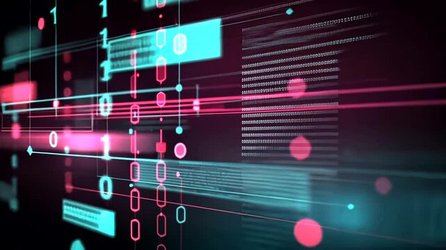 Abstract digital illustration with binary code, lines, and shapes in vibrant neon pink and teal against a dark background