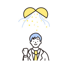 笑顔でガッツポーズをする男子高校生の上半身とくす玉のシンプルなイラスト素材