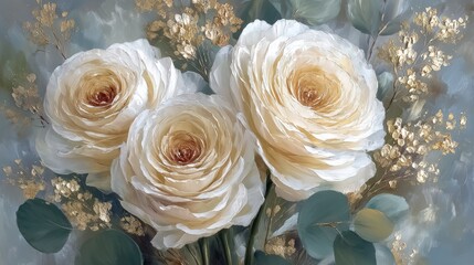 Elegant Cream Roses Bouquet  Wedding  Floral  Art Print  Home Decor