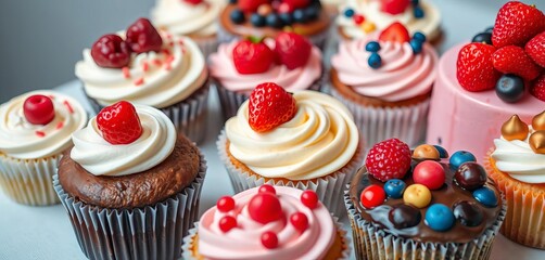 Delightful assortment of cupcakes, muffins, and cakes adorned with berries and candies,  isolated,  white background