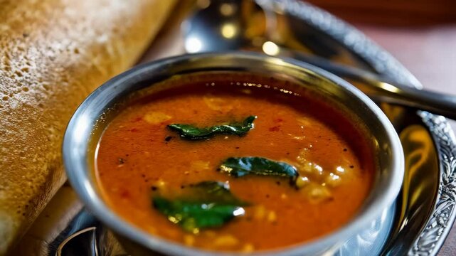 Indian pancake style dosa and sambar dish served in a metal bowl on a fancy tray with spoon on table
