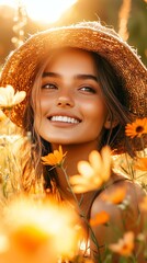 A joyful woman in a straw hat smiles amid blooming flowers, capturing the essence of a carefree summer day.