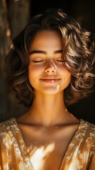 A joyful young woman smiles with her eyes closed, radiating happiness and tranquility in a sunlit environment.