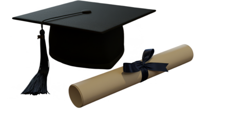 Black Graduation Cap And Diploma Scroll Isolated On Transparent Background