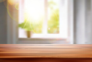 3d realistic vector illustration. Wooden table with blurred living room on the background. Banner for product display or presentation.