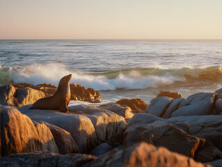Obraz premium Photograph of a single sea lion resting on a rocky outcrop with the ocean in the background.