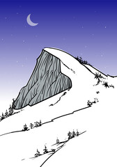Landscape scene with mountain peaks, hill, lake vector illustration background.