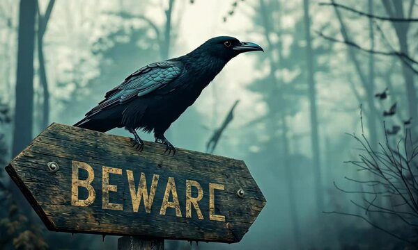 Raven on beware sign in misty forest