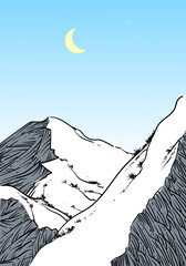 Landscape scene with mountain peaks, hill, lake vector illustration background.