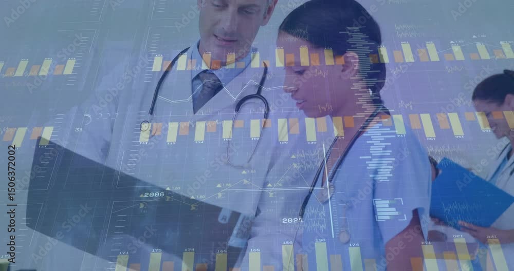 Poster doctor opening chart and nurse pointing chart while graph overlays intensifying and planning steps