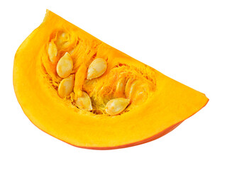 A piece of orange pumpkin with seeds