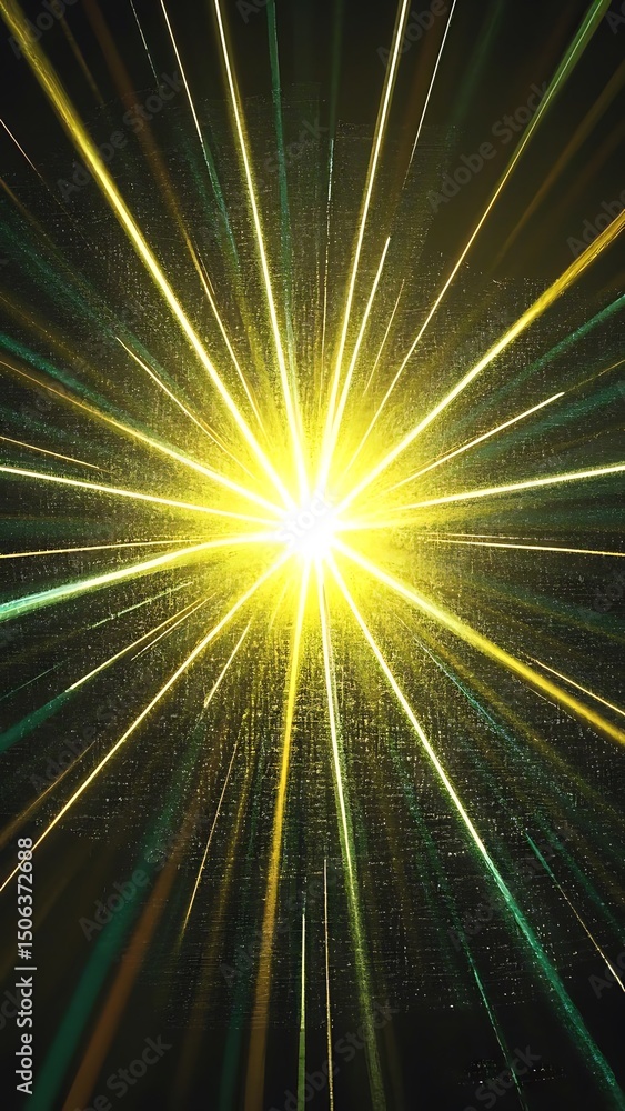 Poster abstract burst of light dynamic yellow and green rays exploding from central core - high-resolution 
