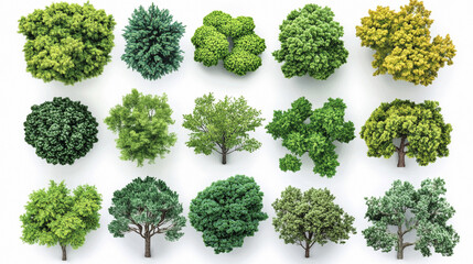 Cutout top view set of 3D rendered trees for landscaping design, displayed on a clean white background, ideal for architectural visualization, planning, and outdoor project mockups.

