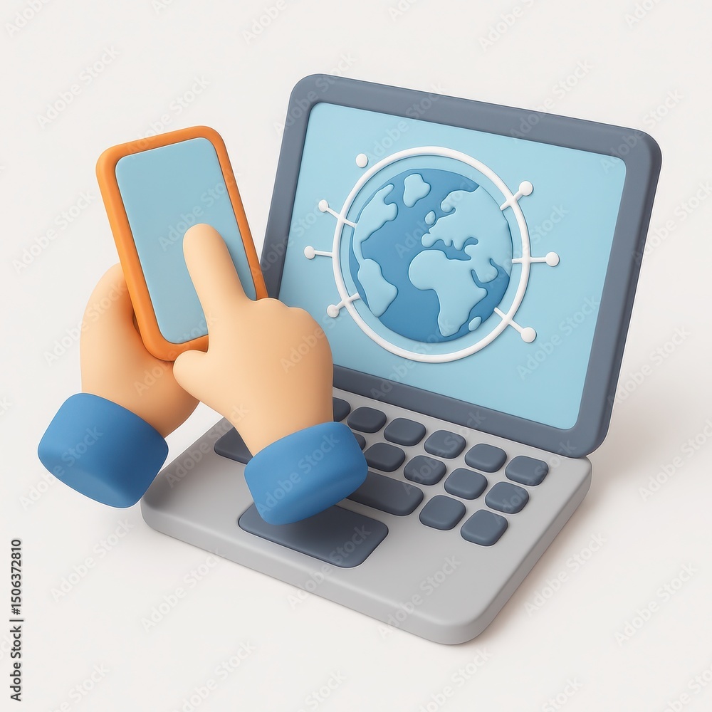 Poster 3d render of hands using laptop and smartphone showing global network