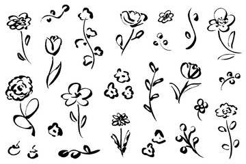 筆タッチのシンプルな花の手描きイラストセット