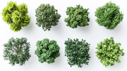 Cutout top view set of 3D rendered trees for landscaping design, displayed on a clean white background, ideal for architectural visualization, planning, and outdoor project mockups.

