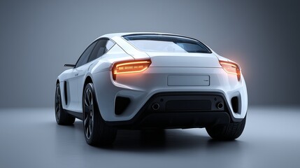 Futuristic electric vehicle rear half, clean taillight design, blank space for text, soft gray backdrop, modern car concept