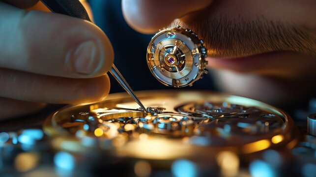 Intricate Craftsmanship: Close-Up of Watchmaker Assembling a Mechanical Watch