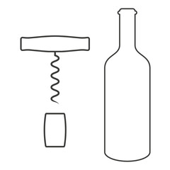 Wine bottle, corkscrew and cork. Flat vector illustration isolated on white background.