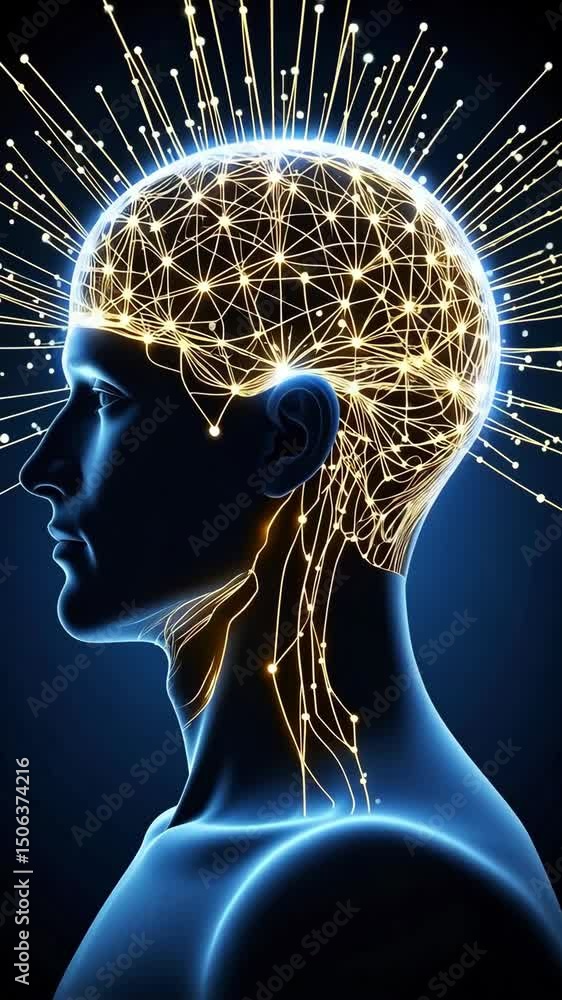 Poster human head, neural network visualization, artificial intelligence and data processing concept. compl