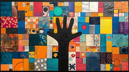 Colorful mosaic artwork featuring a large black hand