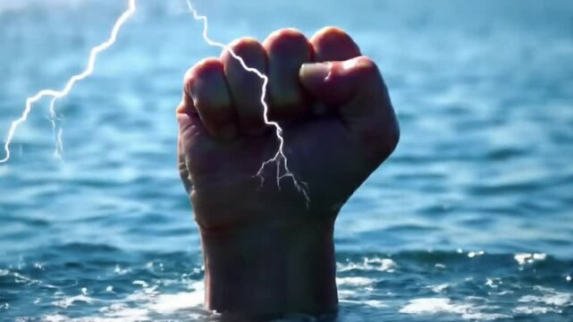 A clenched fist sticks out of the water.  Generative AI.