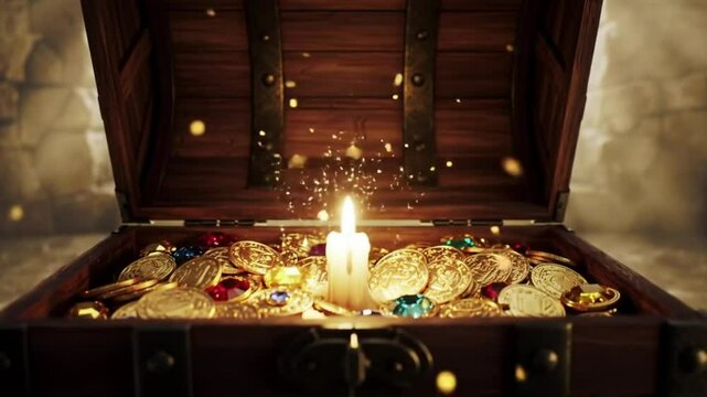 The treasure box opens slowly then the gold coins come out.  Generative AI.