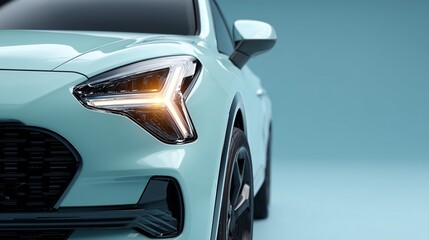 Minimalist SUV half front, angular headlights, clean empty space, pastel blue background, modern car advertisement