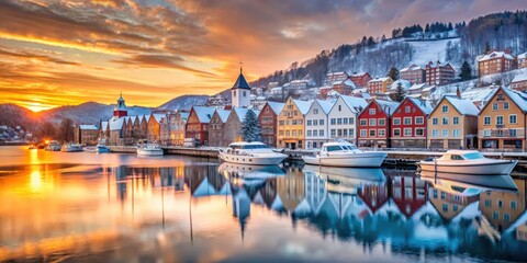Fototapeta premium Frozen Bergen harbor with snow-covered houses and boats at sunrise in a serene winter landscape