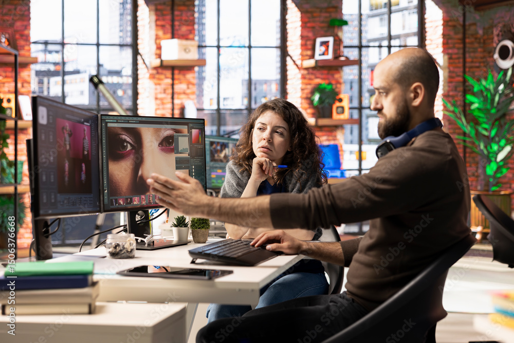 Aufkleber graphic designer and photographer collaborate in a modern studio, using ai powered photo editing sof