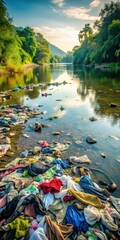 polluted nature scene with clothes and plastic waste in water