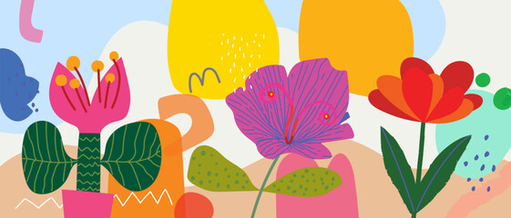 Spring colorful flowers and plants, floral wildflower, branch hand drawn vector illustration. Beautiful blossom for decor, easter, banner and prints.
