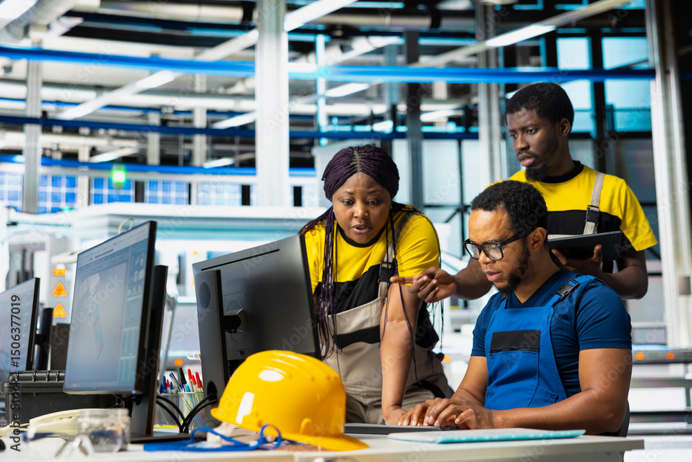 Poster black team of manufacturing plant employees fixing errors and debugging technical issues, working to