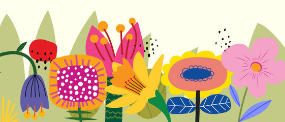 Spring colorful flowers and plants, floral wildflower, branch hand drawn vector illustration. Beautiful blossom for decor, easter, banner and prints.