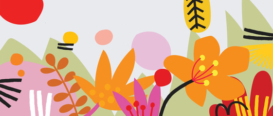 Spring colorful flowers and plants, floral wildflower, branch hand drawn vector illustration. Beautiful blossom for decor, easter, banner and prints.