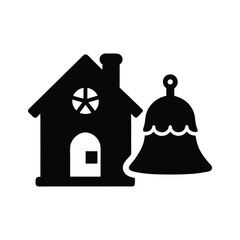 Black and white minimalist icon illustration featuring a house and bell for holiday concepts
