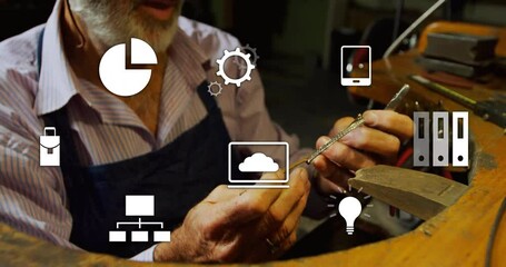 Senior craftsman adjusting chain on bench while pulsing icons highlighting business tech fusion - Powered by Adobe