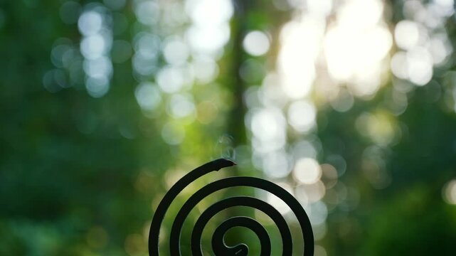Smoldering mosquito coil spiral insect repellent mosquito insecticide to kill flies bugs and mosquitoes outdoor fumigators. Malaria zika virus and dengue fever prevention. Protective measures
