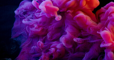 Steam flow. Colorful fog. Bright purple cloud swirl spilling in art black background. Acid ink drop mix haze glow defocused liquid.