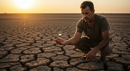 A farmer contemplates the preciousness of water in a drought-stricken land, the setting sun casting long shadows.