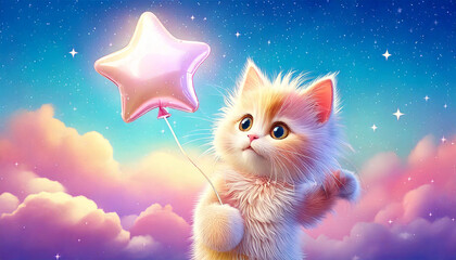 星の風船と子猫、ファンタジーの空、夢の中の動物、ピンクの雲と猫、空を見上げる猫、星空の背景、かわいいバルーンと猫、幻想的な世界、ふわふわの毛並み、キラキラした夜空