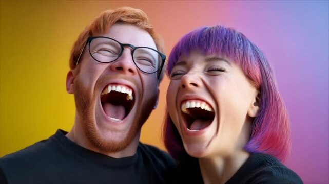 A man with short red hair and glasses wearing black and a woman with a purple-pink bob haircut and bangs