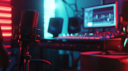 Modern audio recording studio with vibrant lighting.