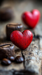 Heart-shaped arrangement of coffee beans on a light surface, symbolizing passion and love for coffee. Space for caption on the side adds room for text or promotional content.

